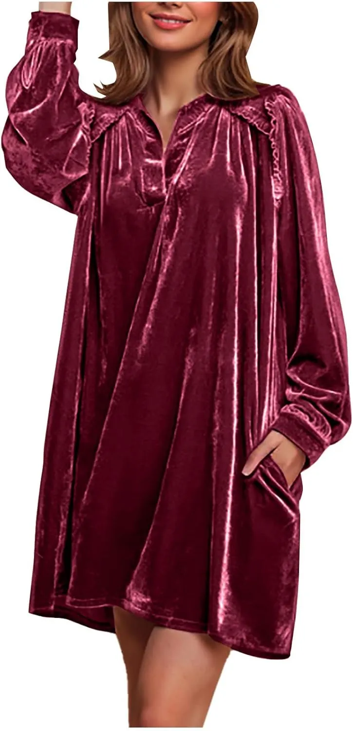 JOAU Women's Elegant Velvet Puff Long Sleeve Dress Casual V Neck Babydoll Flowy Ruffle Cute Cocktail Party Mini Dresses