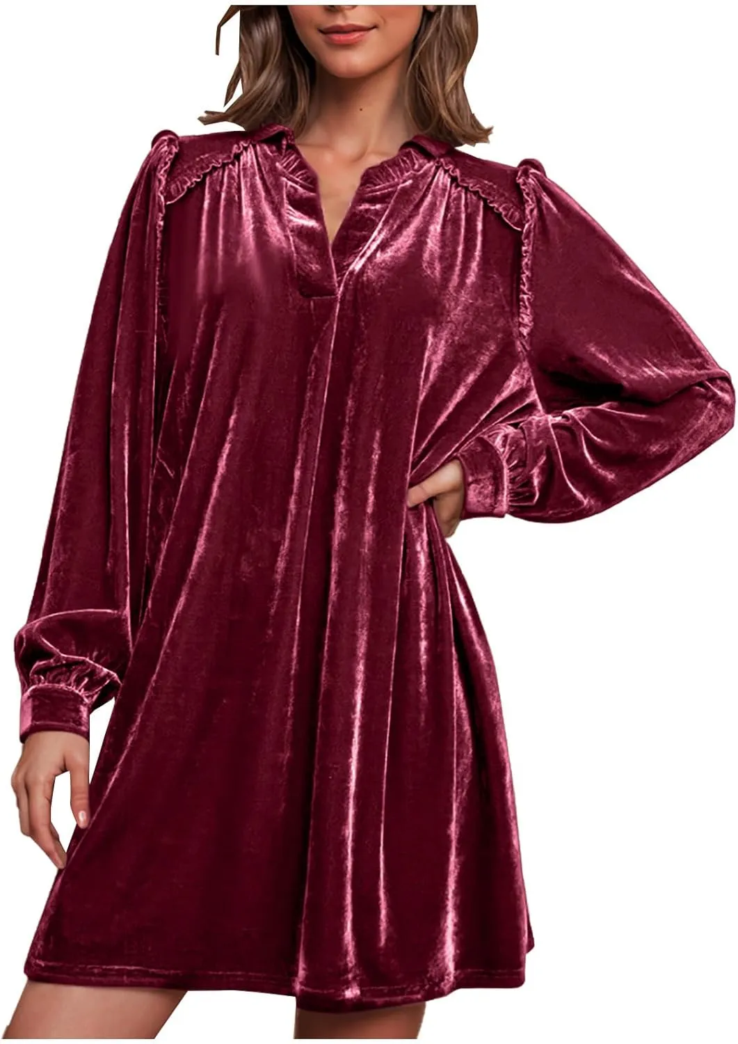 JOAU Women's Elegant Velvet Puff Long Sleeve Dress Casual V Neck Babydoll Flowy Ruffle Cute Cocktail Party Mini Dresses