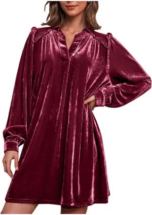 JOAU Women's Elegant Velvet Puff Long Sleeve Dress Casual V Neck Babydoll Flowy Ruffle Cute Cocktail Party Mini Dresses
