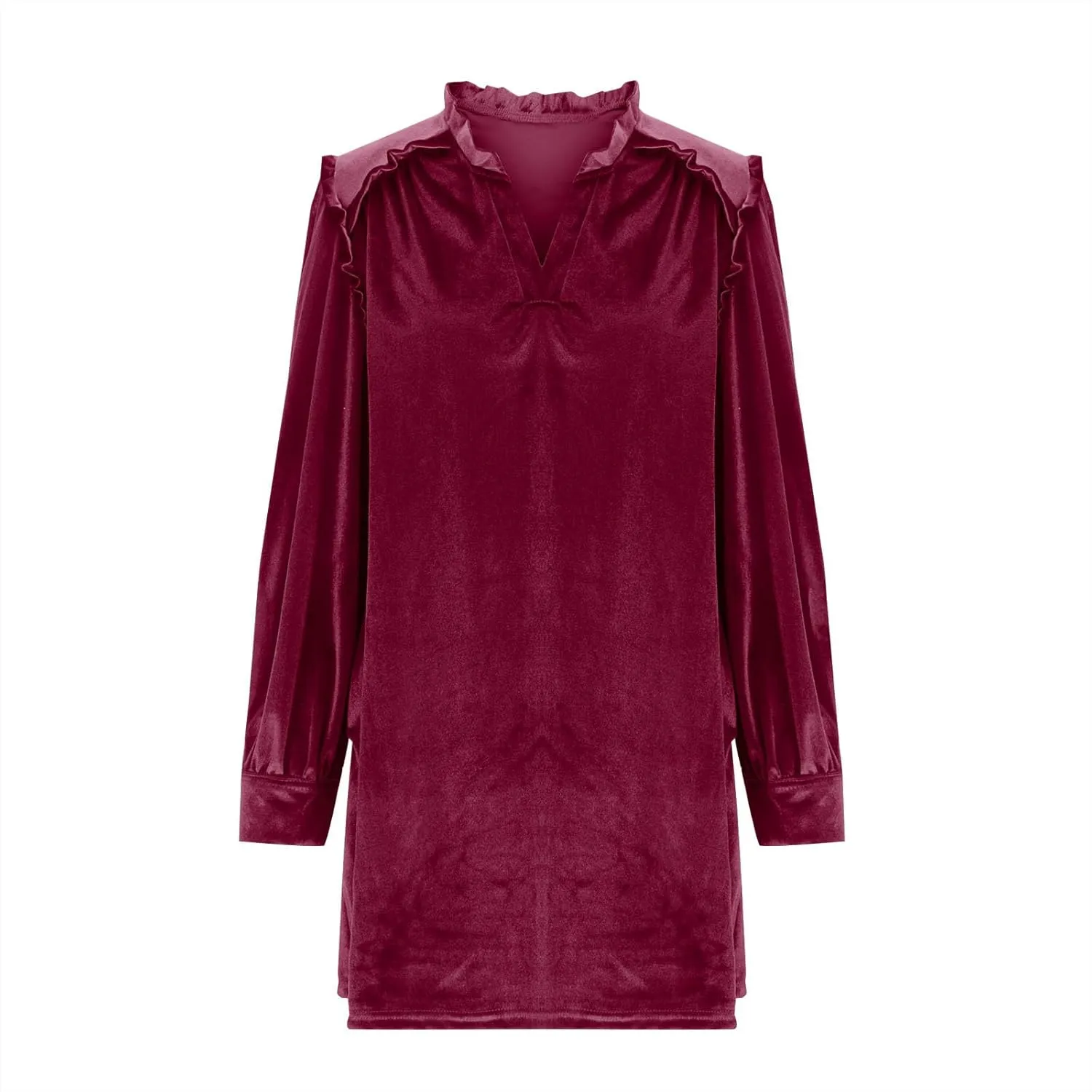 JOAU Women's Elegant Velvet Puff Long Sleeve Dress Casual V Neck Babydoll Flowy Ruffle Cute Cocktail Party Mini Dresses