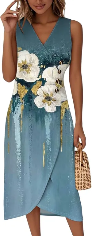 Kenvina Maxi Dresses for Women Summer Sleeveless Beach Vacation Dress Wrap Tank Dress Casual V Neck Irregular Hem Sundress