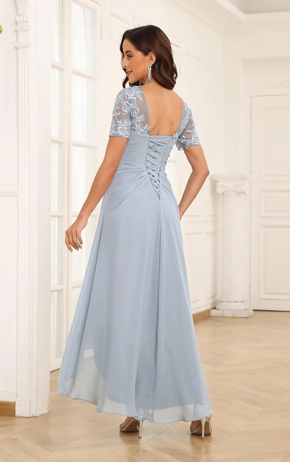 Lace Applique Mother of The Bride Dresses Chiffon Formal Evening Gown V Neck Wedding Guest Dress