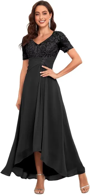 Lace Applique Mother of The Bride Dresses Chiffon Formal Evening Gown V Neck Wedding Guest Dress
