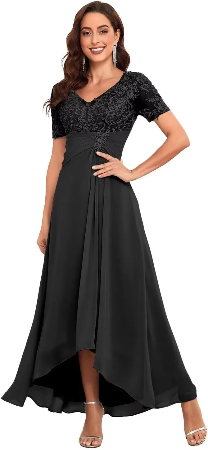 Lace Applique Mother of The Bride Dresses Chiffon Formal Evening Gown V Neck Wedding Guest Dress