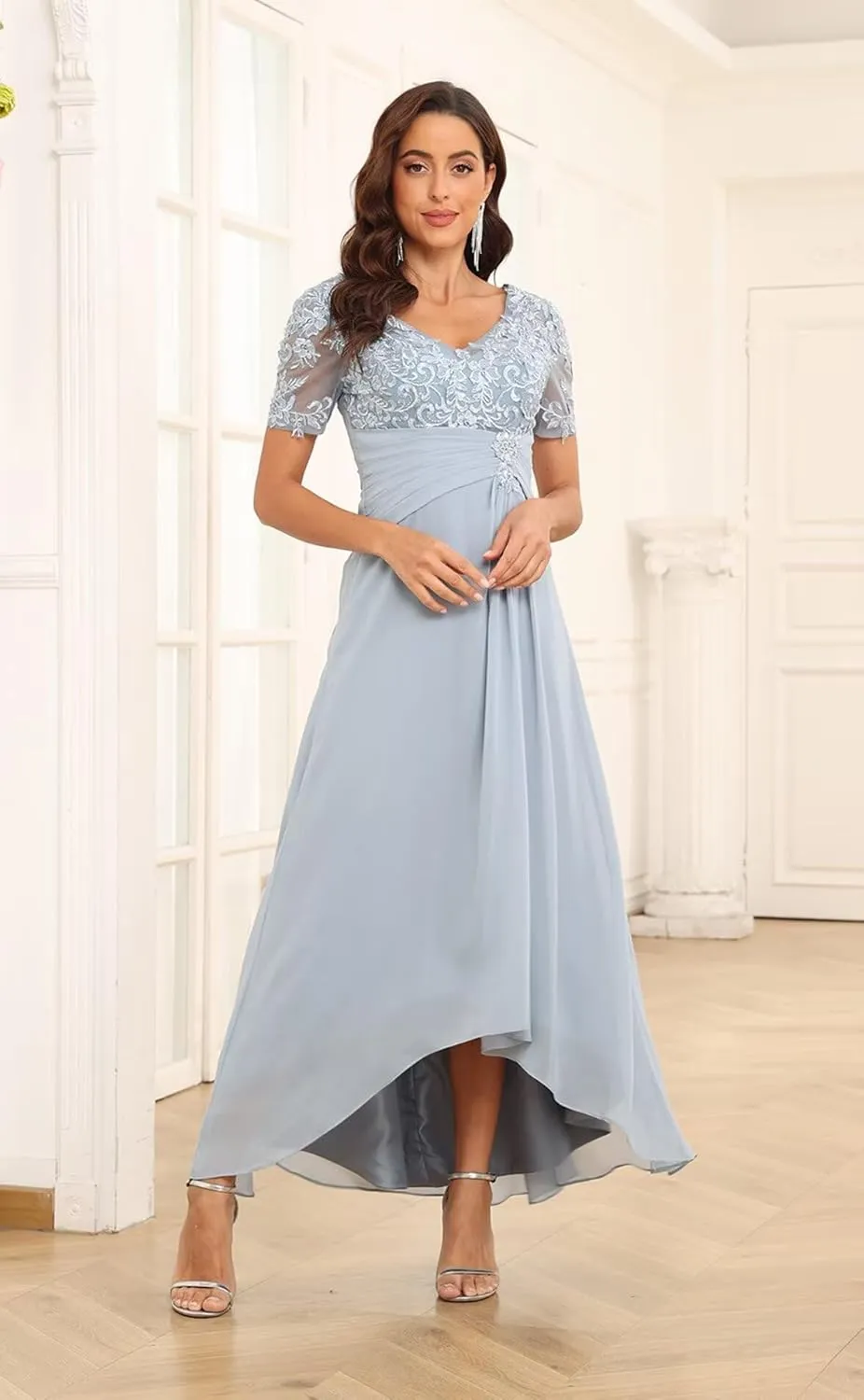 Lace Applique Mother of The Bride Dresses Chiffon Formal Evening Gown V Neck Wedding Guest Dress