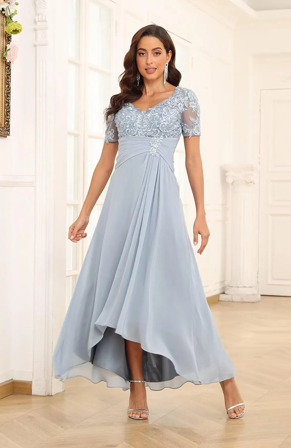 Lace Applique Mother of The Bride Dresses Chiffon Formal Evening Gown V Neck Wedding Guest Dress