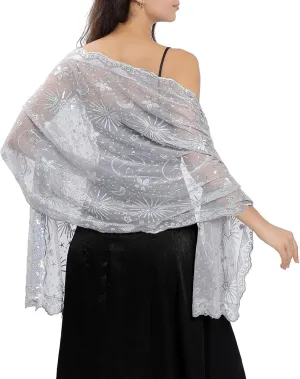 Ladiery Sequin Stars Moons Shawls and Wraps for Evening Dresses,Women sparkly Sheer Mesh Wedding Shawls for Evening Party