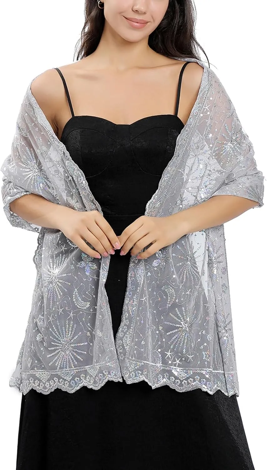 Ladiery Sequin Stars Moons Shawls and Wraps for Evening Dresses,Women sparkly Sheer Mesh Wedding Shawls for Evening Party