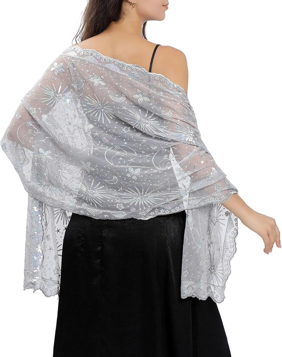 Ladiery Sequin Stars Moons Shawls and Wraps for Evening Dresses,Women sparkly Sheer Mesh Wedding Shawls for Evening Party
