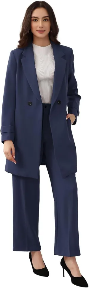 Lamgool Women's Suit 2 Piece Long Blazer Set Ladies Jacket Pantsuit Casual Outfits for Fall