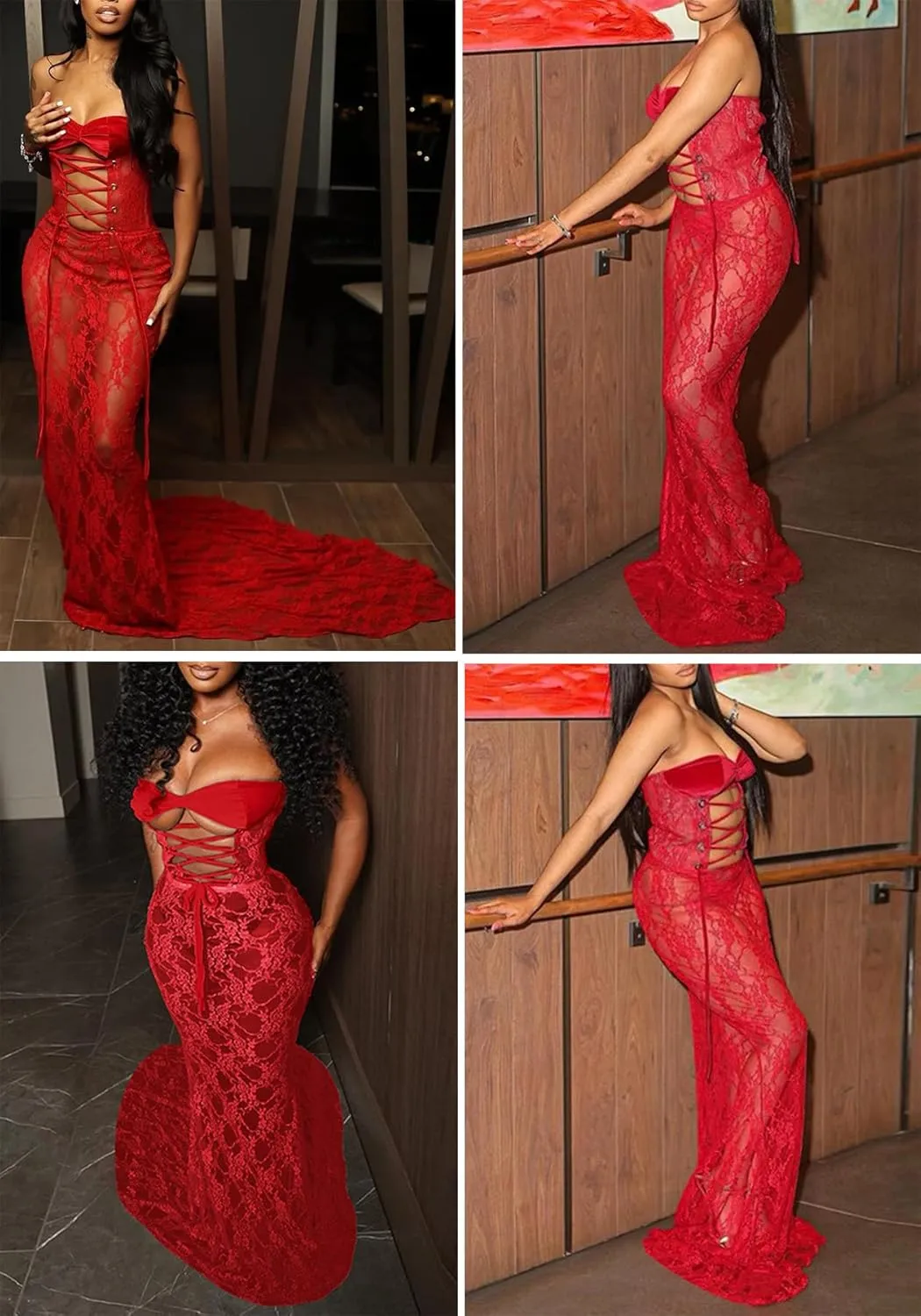 LETSVDO Women's Strapless Lace Dress Bodycon Mesh See Through Lace Up Corset Tube Sheer Mermaid Sexy Party Maxi Dresses