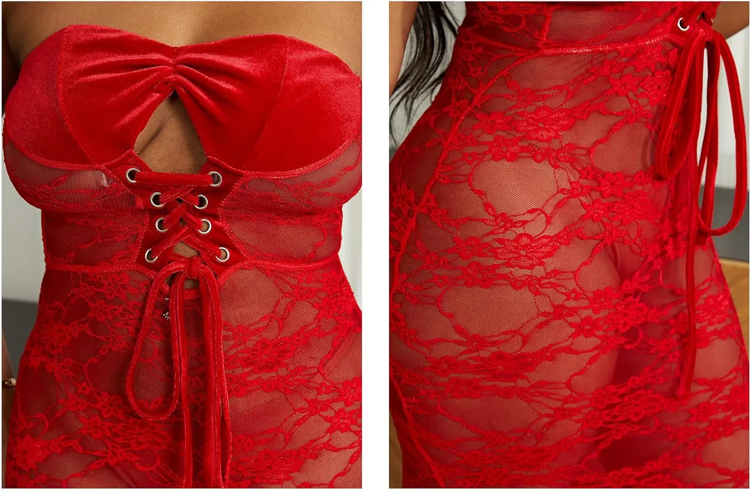 LETSVDO Women's Strapless Lace Dress Bodycon Mesh See Through Lace Up Corset Tube Sheer Mermaid Sexy Party Maxi Dresses