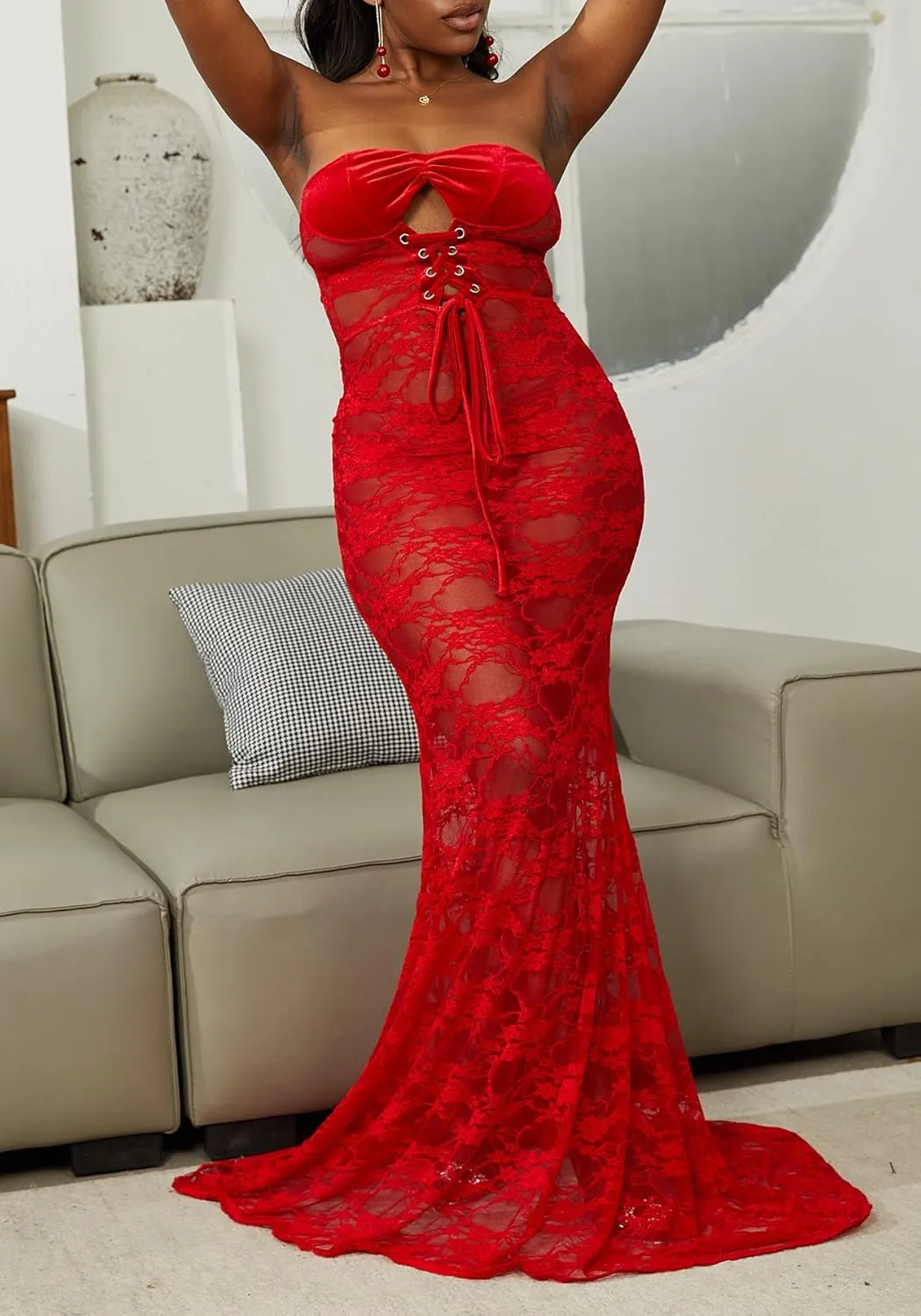 LETSVDO Women's Strapless Lace Dress Bodycon Mesh See Through Lace Up Corset Tube Sheer Mermaid Sexy Party Maxi Dresses