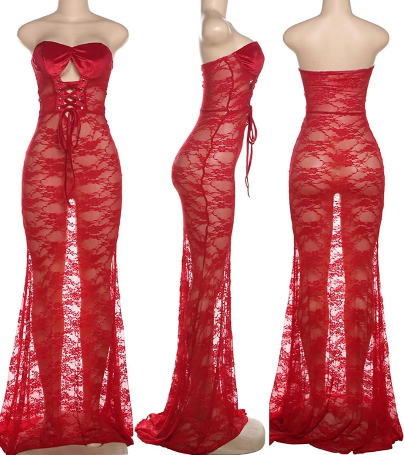 LETSVDO Women's Strapless Lace Dress Bodycon Mesh See Through Lace Up Corset Tube Sheer Mermaid Sexy Party Maxi Dresses
