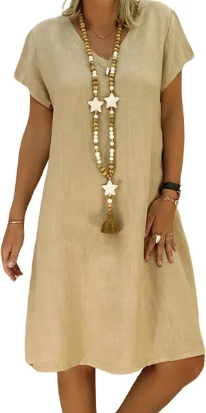 Linen Dress Women Summer Short Sleeve Midi Beach Dress Boho V Neck Casual Loose Flowy Dresses Cruise Vacation Outfits