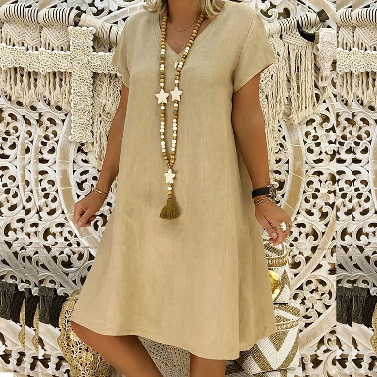 Linen Dress Women Summer Short Sleeve Midi Beach Dress Boho V Neck Casual Loose Flowy Dresses Cruise Vacation Outfits