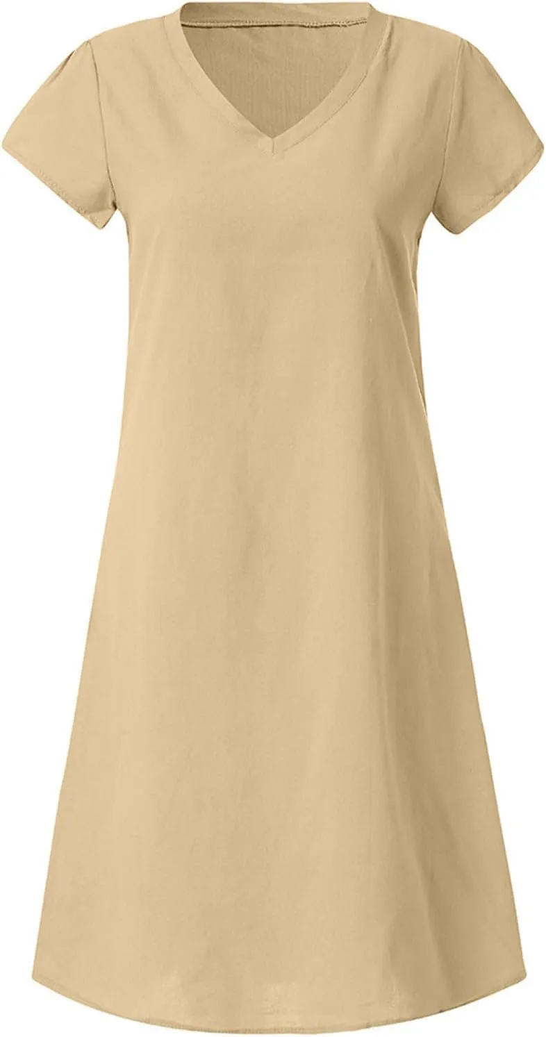 Linen Dress Women Summer Short Sleeve Midi Beach Dress Boho V Neck Casual Loose Flowy Dresses Cruise Vacation Outfits
