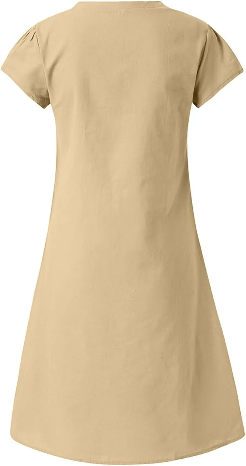 Linen Dress Women Summer Short Sleeve Midi Beach Dress Boho V Neck Casual Loose Flowy Dresses Cruise Vacation Outfits