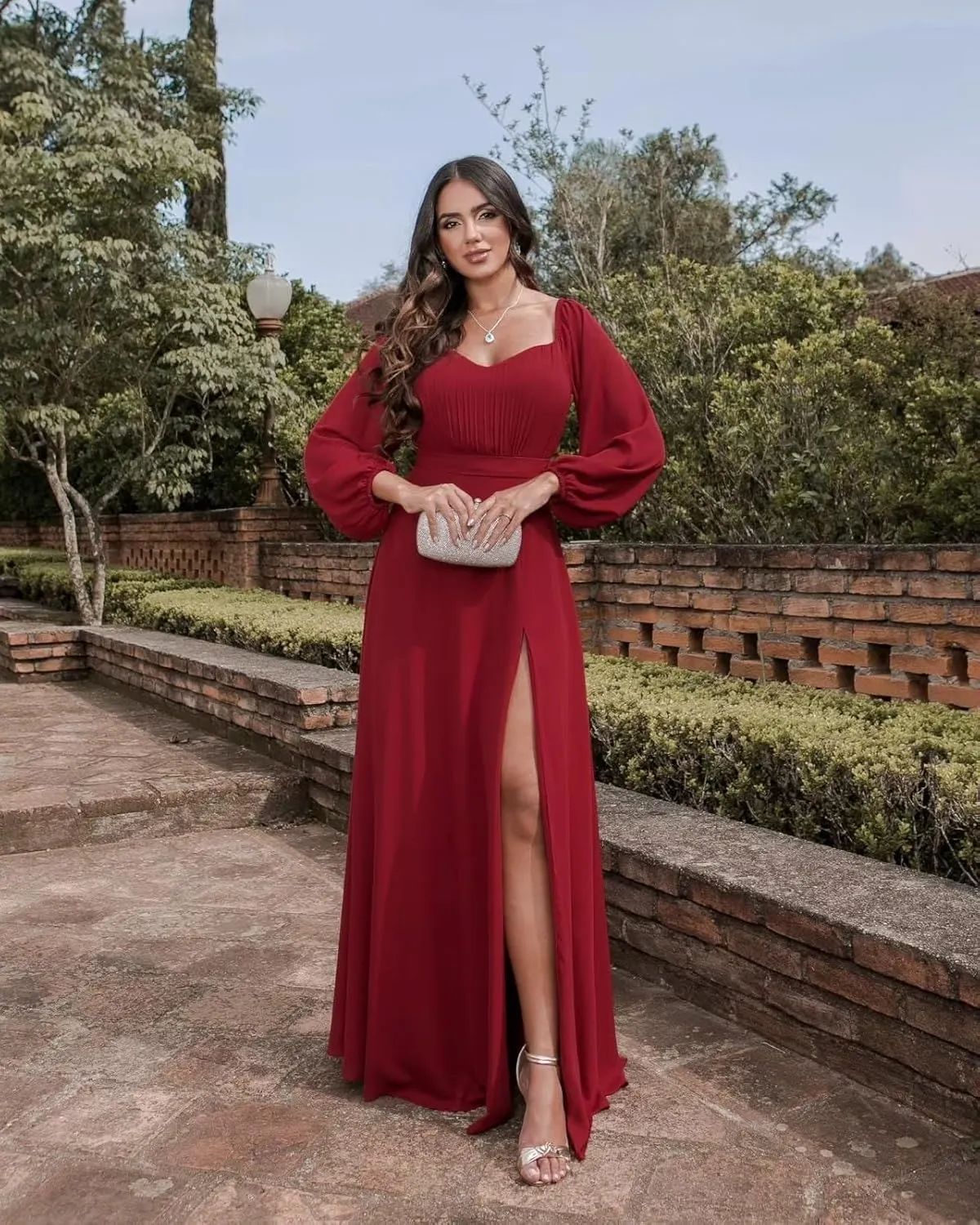 Long Sleeve Bridesmaid Dresses 2023 Chiffon Sweetheart Off The Shoulder Formal Evening Dresses with Slit
