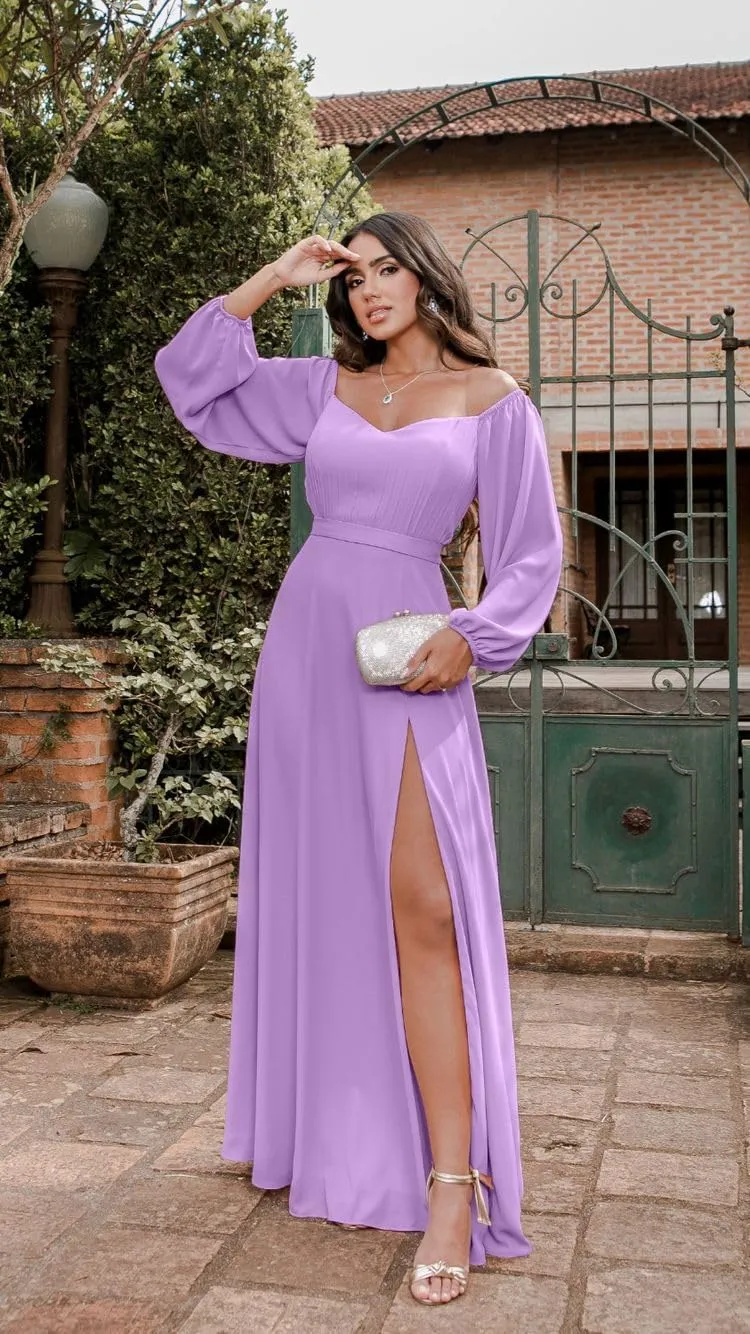 Long Sleeve Bridesmaid Dresses 2023 Chiffon Sweetheart Off The Shoulder Formal Evening Dresses with Slit