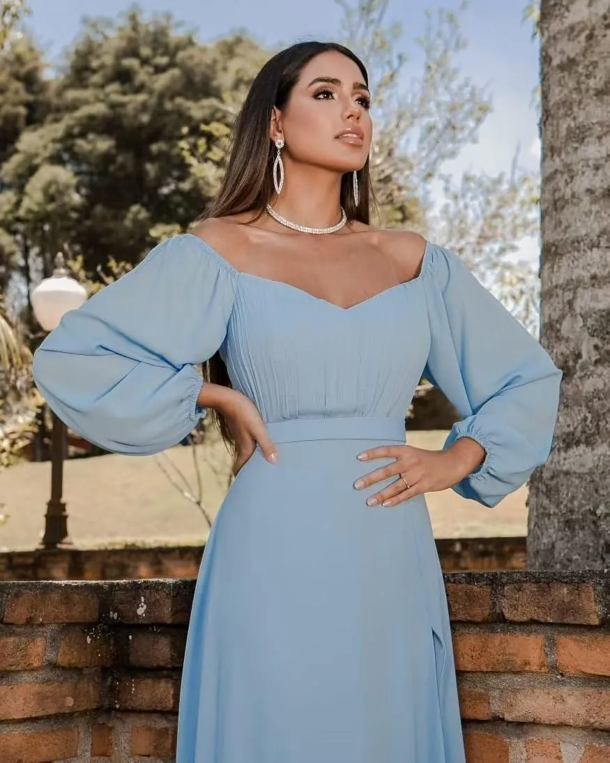 Long Sleeve Bridesmaid Dresses 2023 Chiffon Sweetheart Off The Shoulder Formal Evening Dresses with Slit