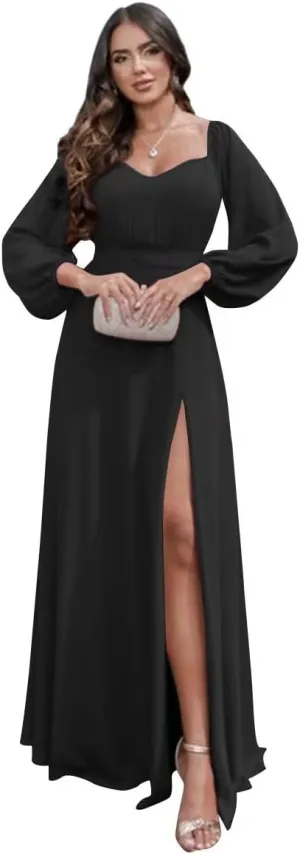 Long Sleeve Bridesmaid Dresses 2023 Chiffon Sweetheart Off The Shoulder Formal Evening Dresses with Slit