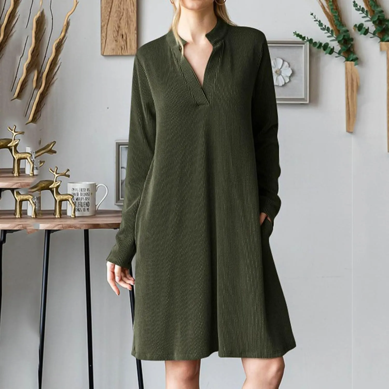 Long Sleeve Dress for Women V Neck Casual Loose Textured Mini Dresses 2025 Fashion Summer Sundress Shirt Dresses