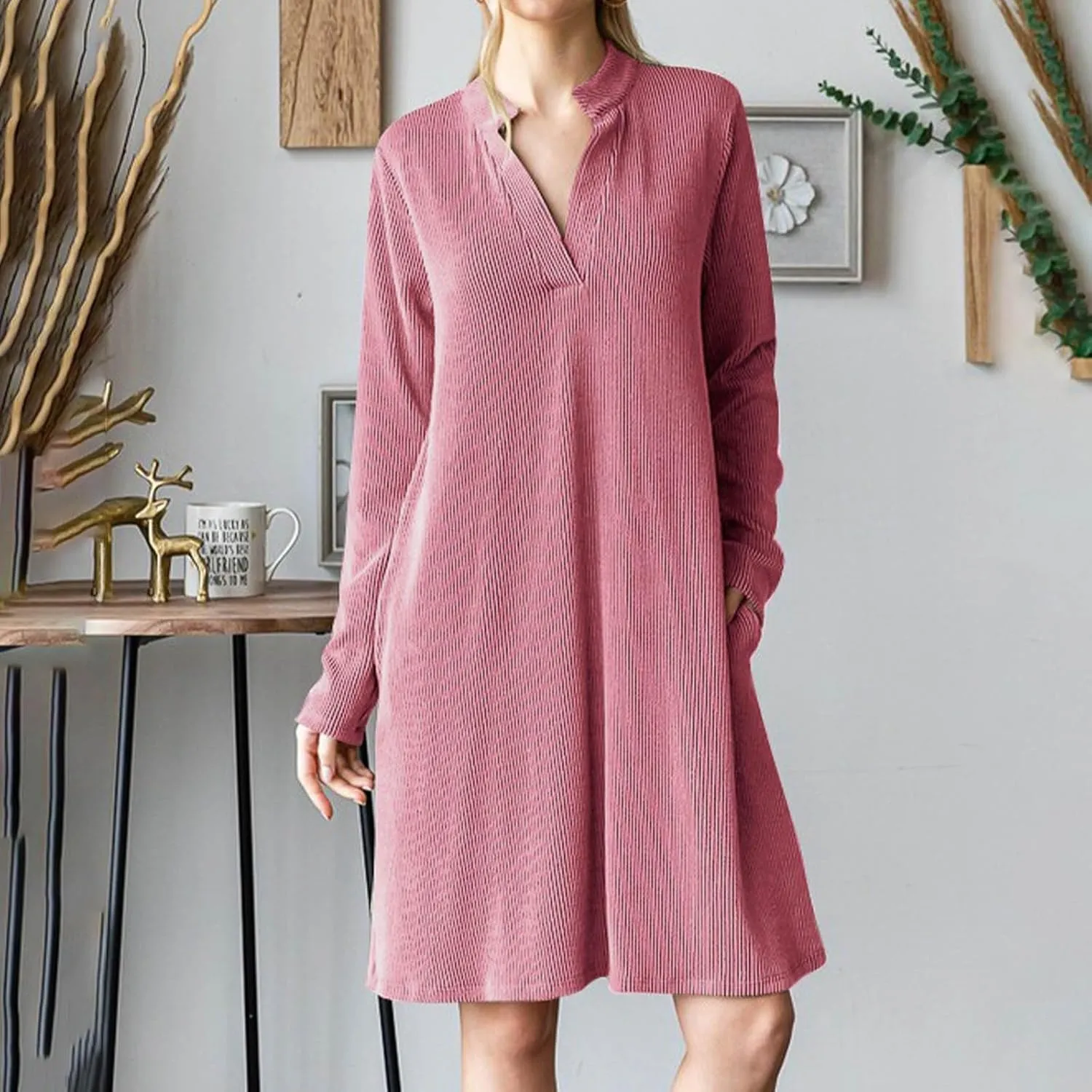Long Sleeve Dress for Women V Neck Casual Loose Textured Mini Dresses 2025 Fashion Summer Sundress Shirt Dresses