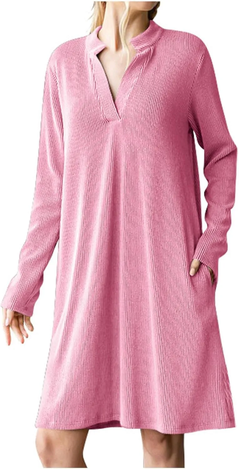 Long Sleeve Dress for Women V Neck Casual Loose Textured Mini Dresses 2025 Fashion Summer Sundress Shirt Dresses