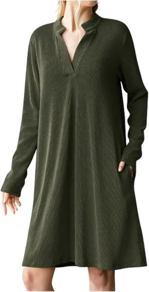 Long Sleeve Dress for Women V Neck Casual Loose Textured Mini Dresses 2025 Fashion Summer Sundress Shirt Dresses