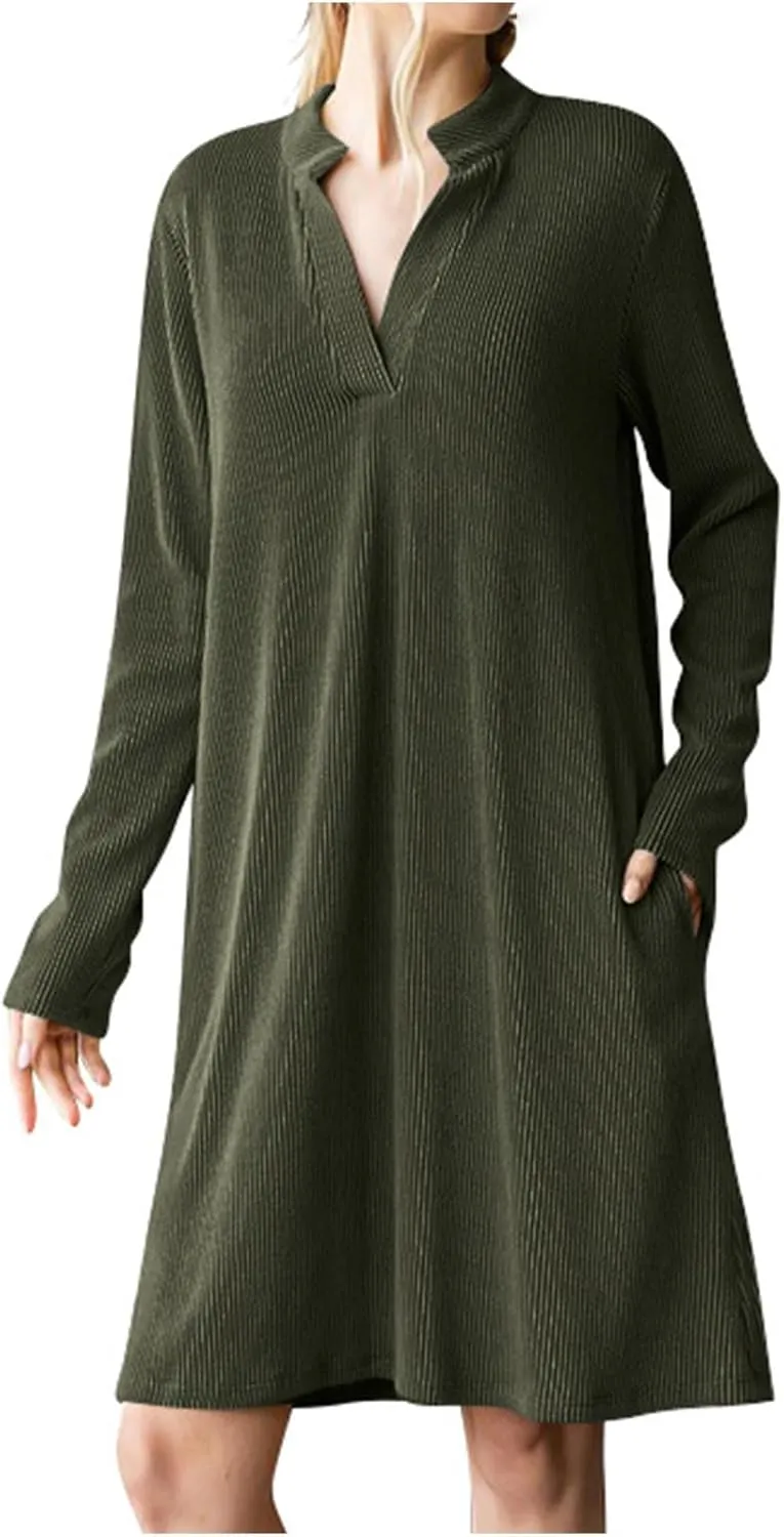 Long Sleeve Dress for Women V Neck Casual Loose Textured Mini Dresses 2025 Fashion Summer Sundress Shirt Dresses