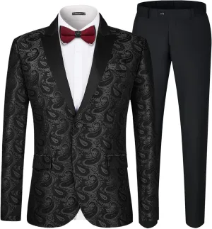 MAGE MALE Men's 2 Piece Slim Fit Floral Tuxedo Suit Paisley Peak Lapel One Button Single Breasted Suit Jacket Pants Set