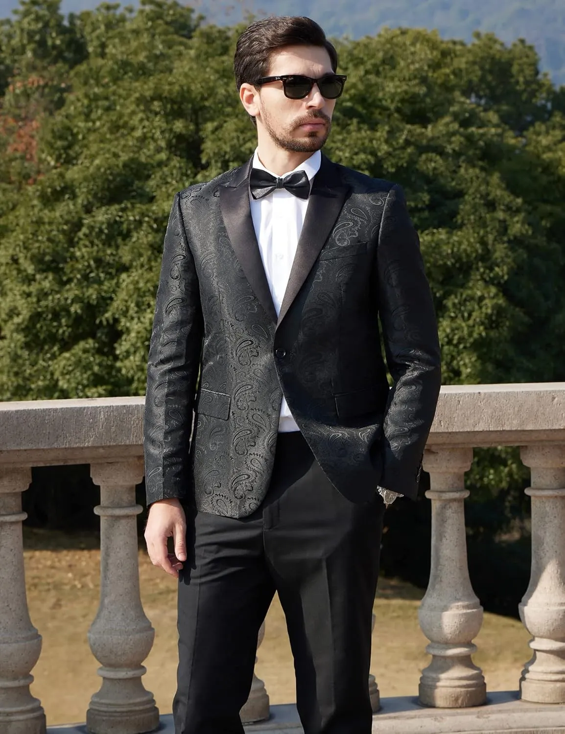 MAGE MALE Men's 2 Piece Slim Fit Floral Tuxedo Suit Paisley Peak Lapel One Button Single Breasted Suit Jacket Pants Set