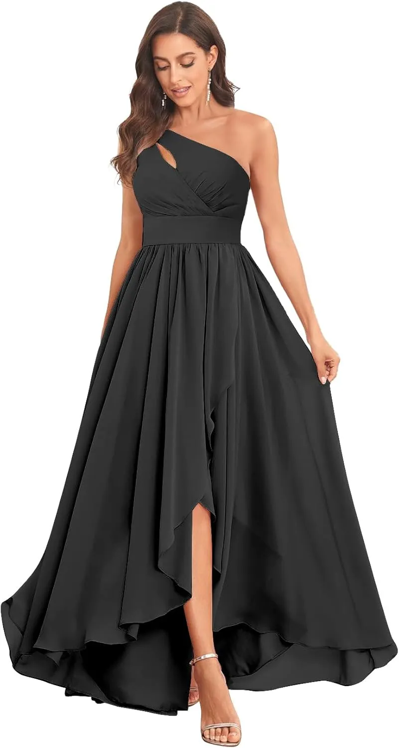 MAGGCIF One Shoulder Bridesmaid Dresses for Women with Pockets A Line Chiffon Ruffle High Low Formal Evening Gown