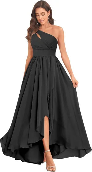MAGGCIF One Shoulder Bridesmaid Dresses for Women with Pockets A Line Chiffon Ruffle High Low Formal Evening Gown
