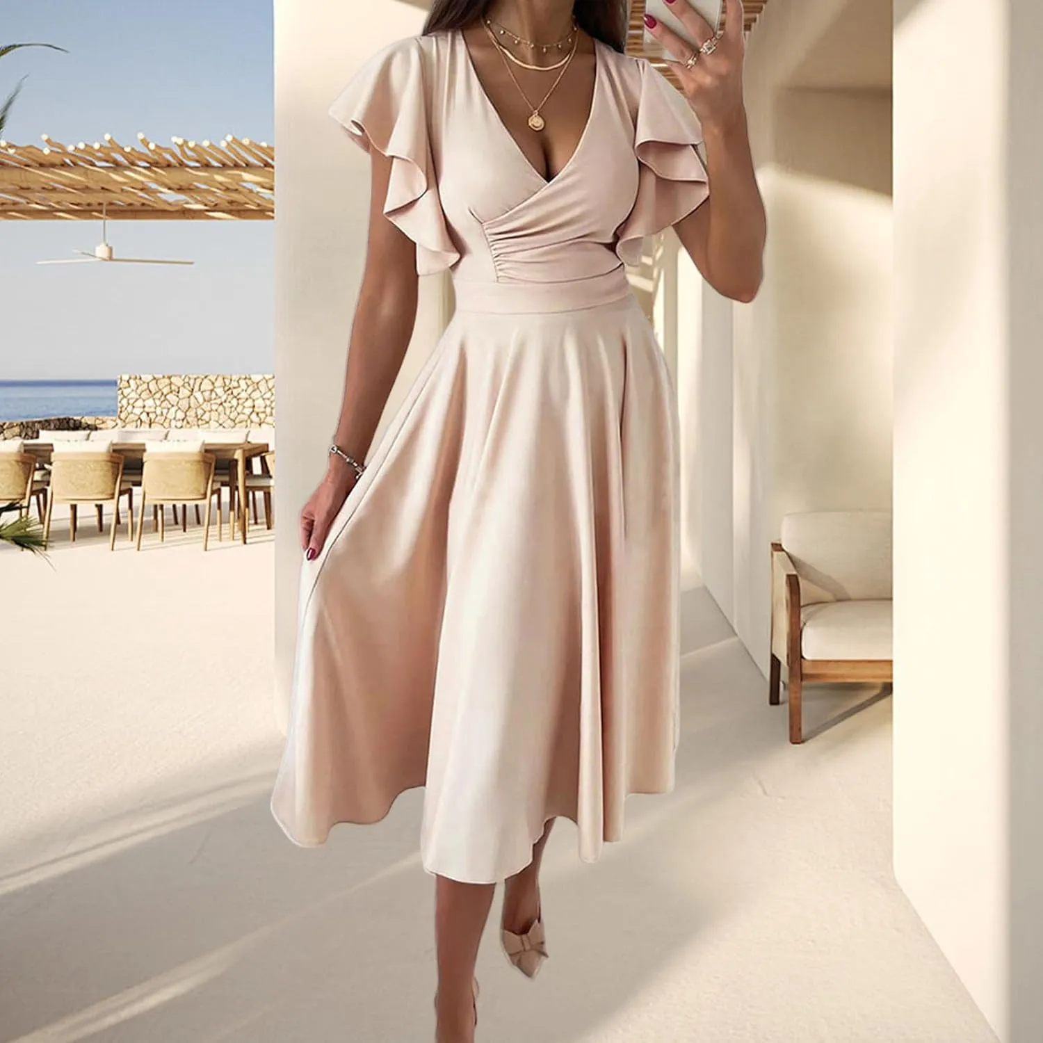 Maxi Dress for Women Sexy Ruffle Short Sleeve V Neck Dresses Casual Solid Color Pleated Tummy Control Beach Sundress