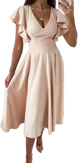 Maxi Dress for Women Sexy Ruffle Short Sleeve V Neck Dresses Casual Solid Color Pleated Tummy Control Beach Sundress