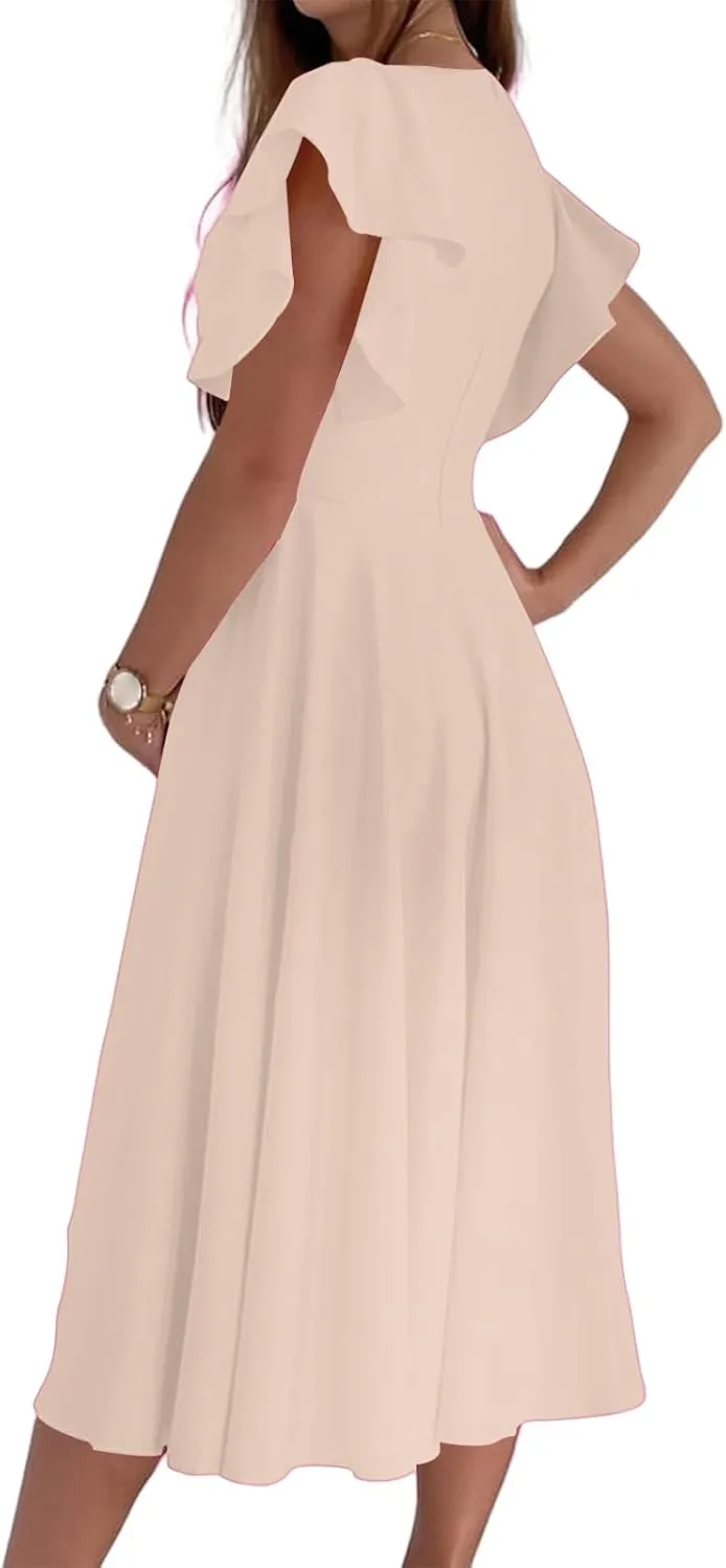 Maxi Dress for Women Sexy Ruffle Short Sleeve V Neck Dresses Casual Solid Color Pleated Tummy Control Beach Sundress