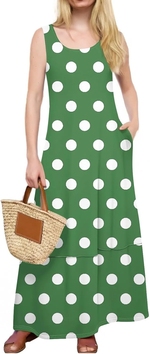 Maxi Sundress for Women 2025 Summer Loose Fit Beach Dress Scoop Neck Sleeveless Tank Dress Casual Vacation Dresses