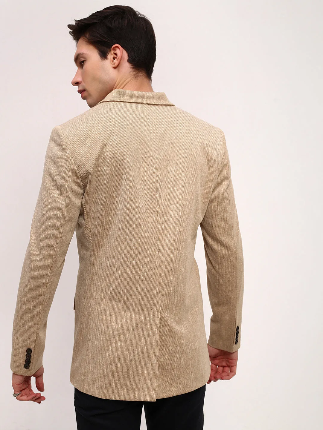 Men Brown Self Design Solid Single Breasted Blazer