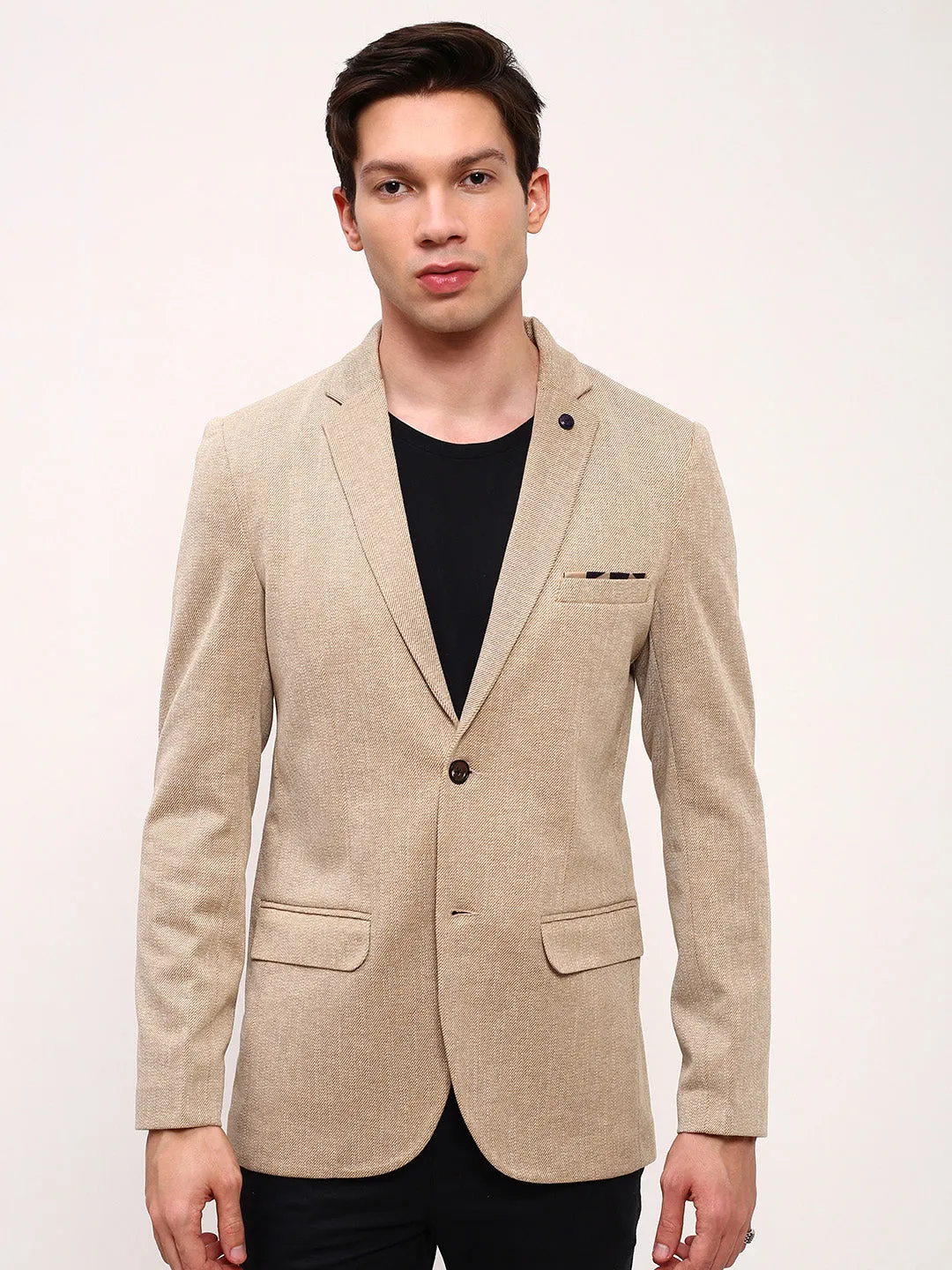 Men Brown Self Design Solid Single Breasted Blazer