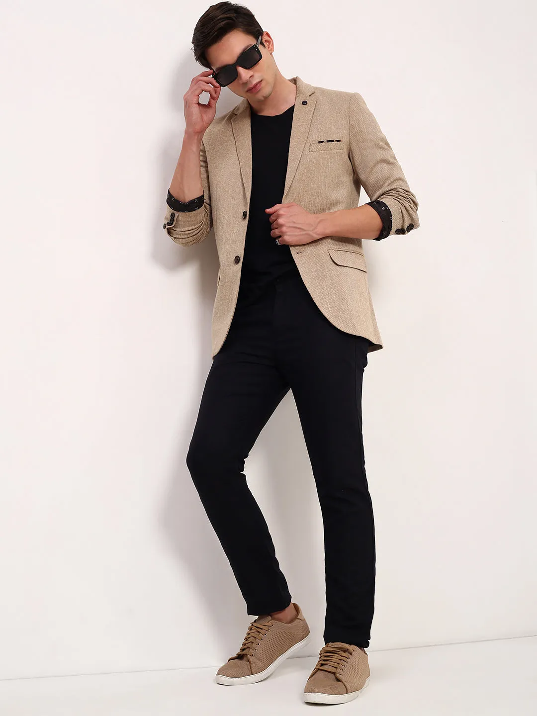 Men Brown Self Design Solid Single Breasted Blazer