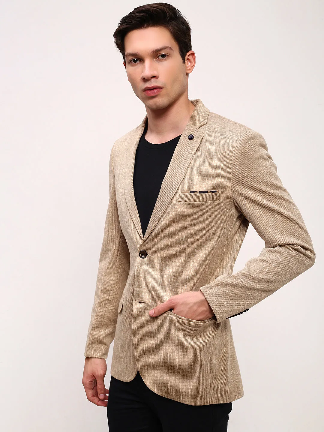 Men Brown Self Design Solid Single Breasted Blazer