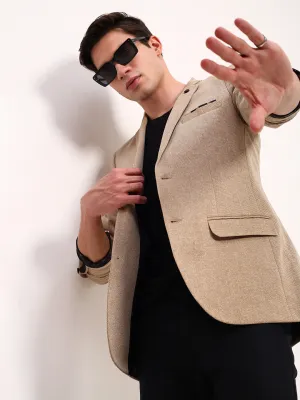 Men Brown Self Design Solid Single Breasted Blazer