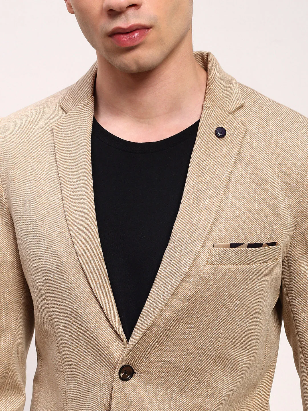 Men Brown Self Design Solid Single Breasted Blazer