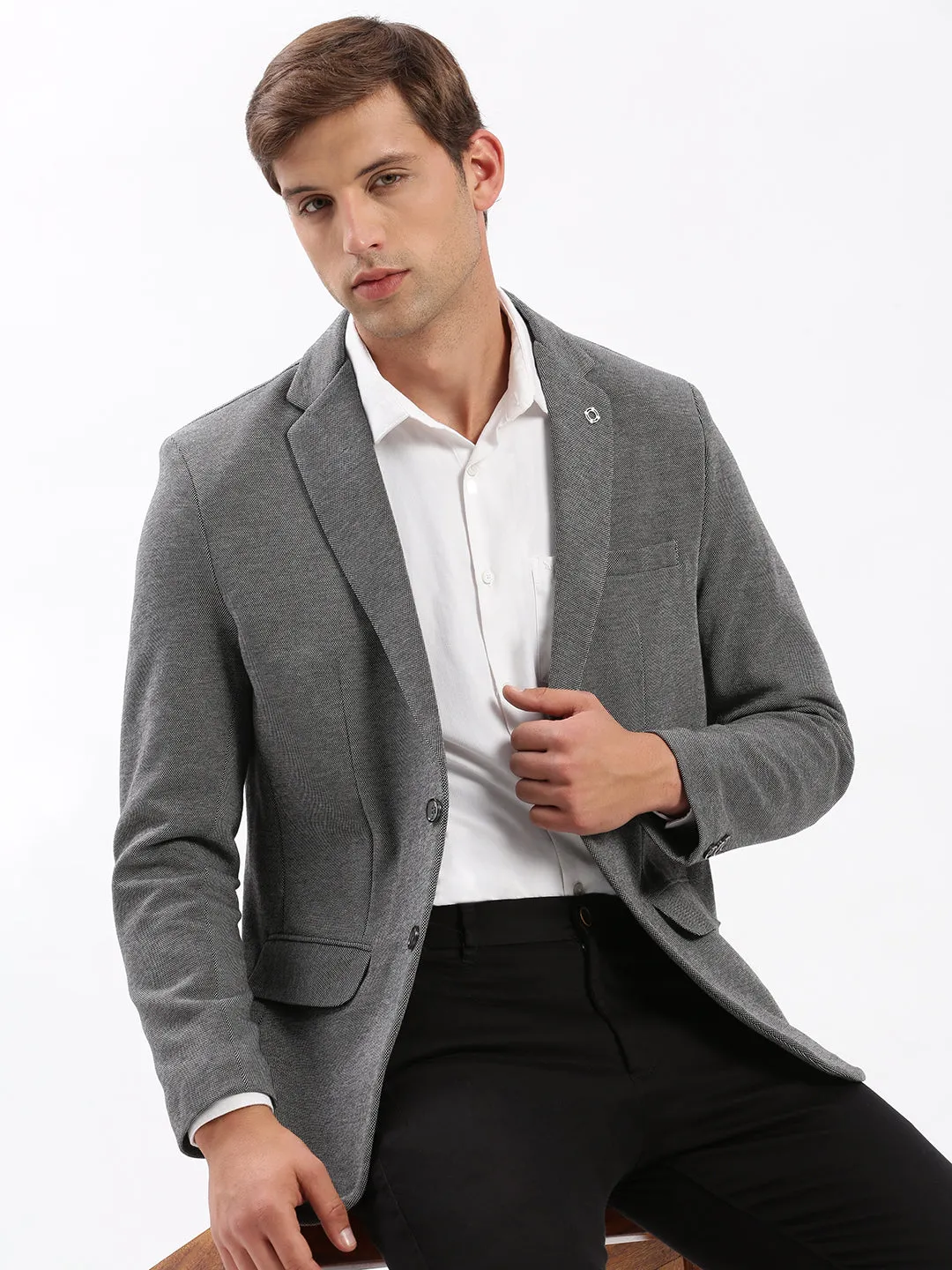 Men Grey Notched Lapel Collar Slim-Fit Single Breasted Blazer
