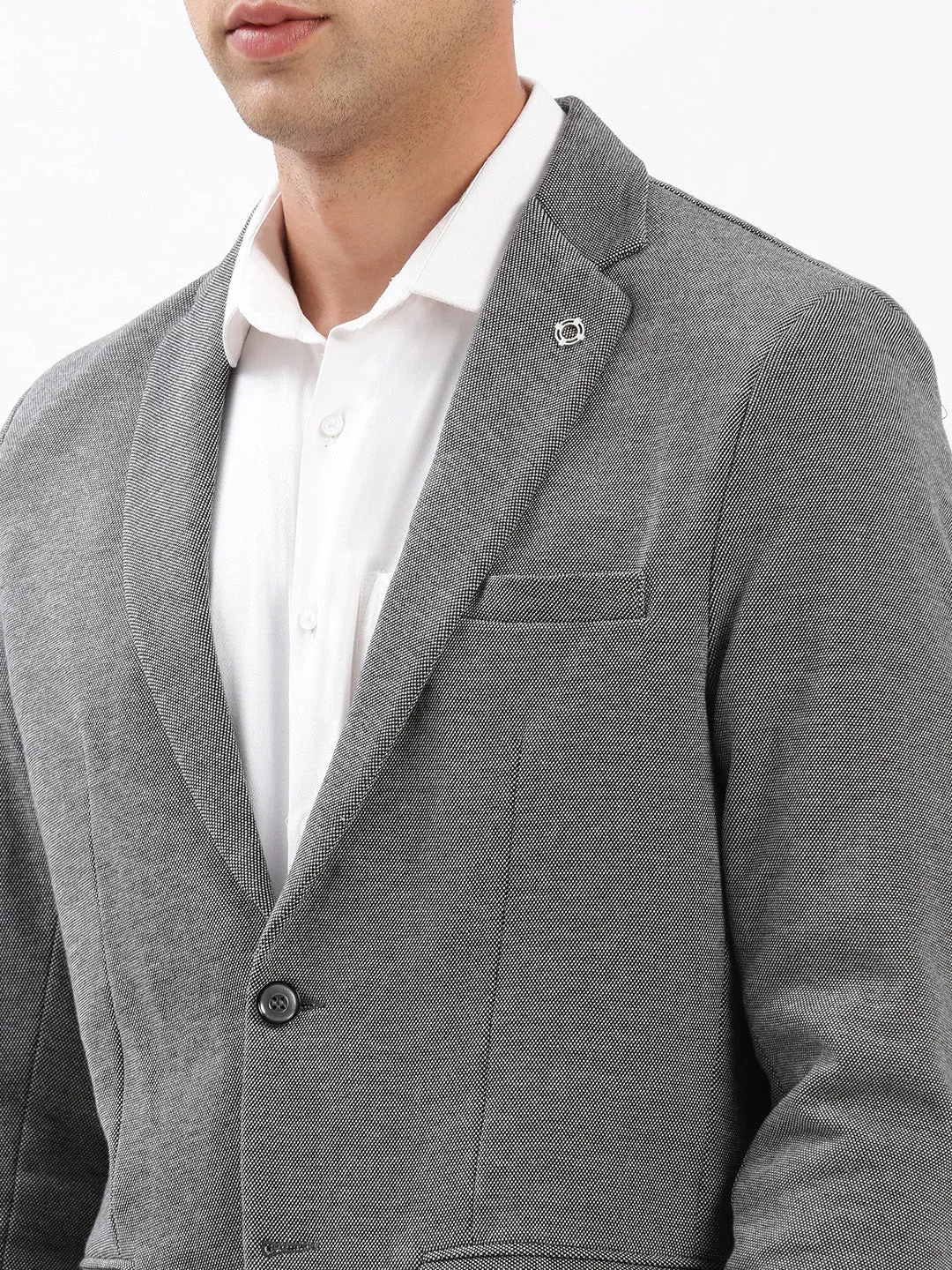 Men Grey Notched Lapel Collar Slim-Fit Single Breasted Blazer