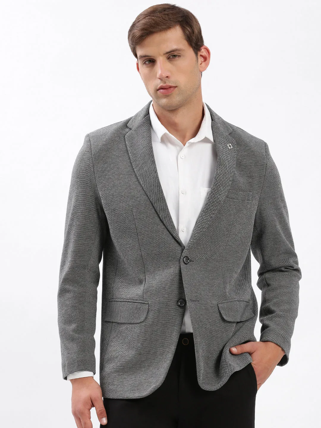 Men Grey Notched Lapel Collar Slim-Fit Single Breasted Blazer