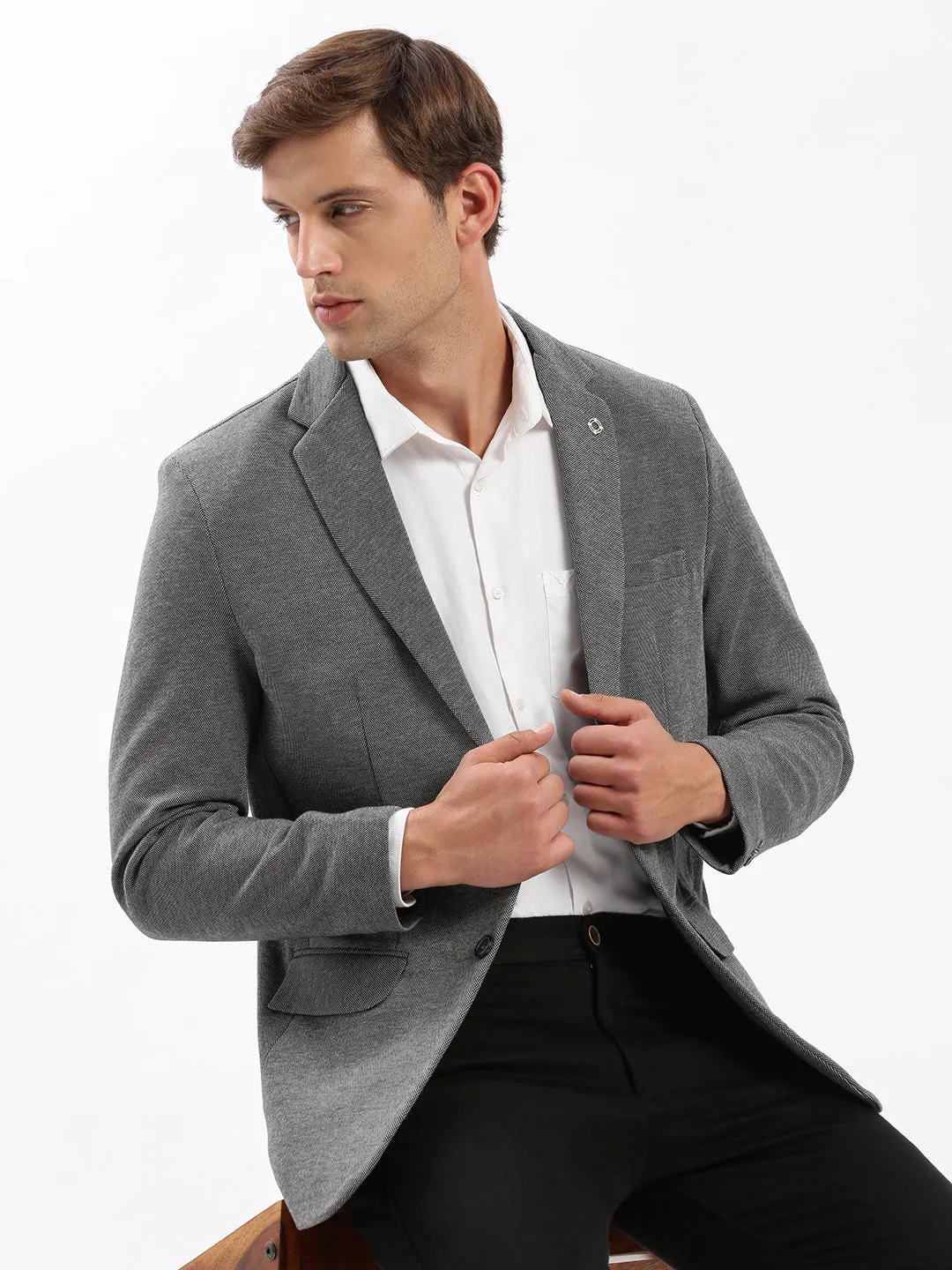 Men Grey Notched Lapel Collar Slim-Fit Single Breasted Blazer