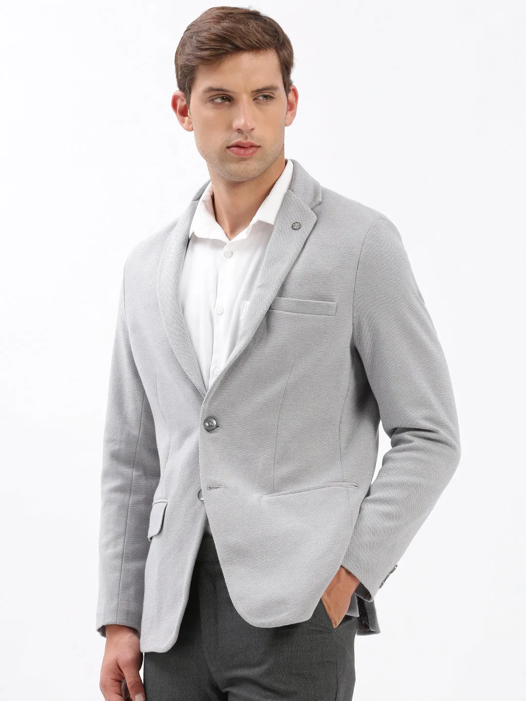 Men Grey Slim-Fit Notched Lapel Collar Single-Breasted Casual Blazer